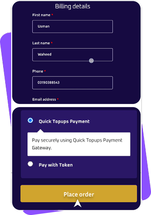 QuickTopups Payment Method Enter Details